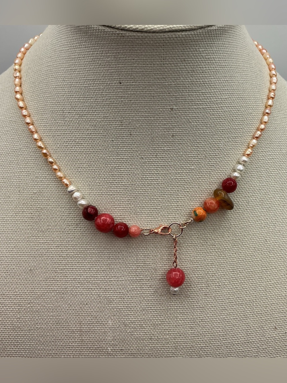 Handmade Pink & Red Beaded Necklace - Pearl Jewelry